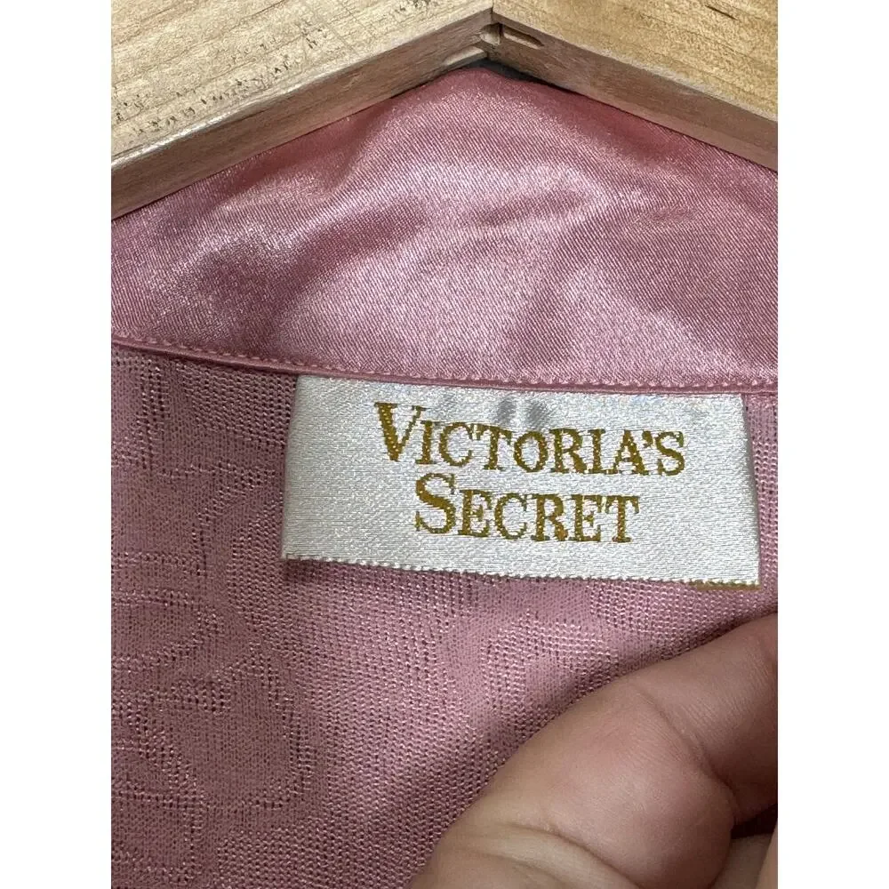 Vtg Victoria's Secret Pajama Set Womens Small Pink Floral Satin Top Pants Lounge